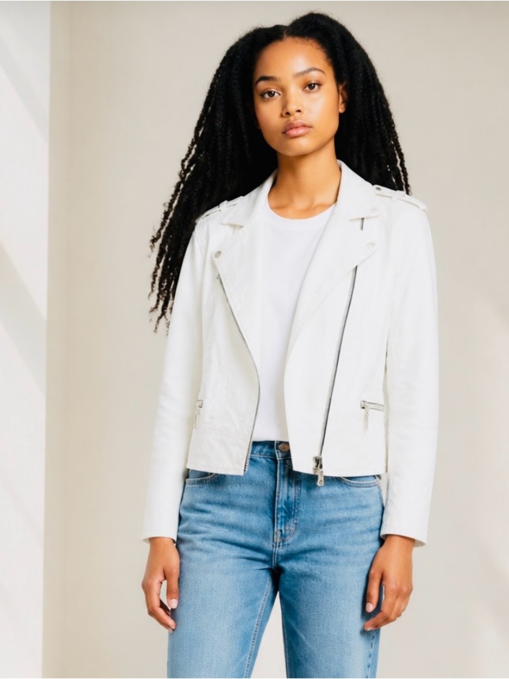White House Black Market White Jacket for Women - Classic Asymmetric Zip